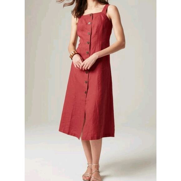 NEW J Jill 100% Linen Button Front Midi Dress XL Petite Cape Cod Red Sleeveless - Picture 1 of 13